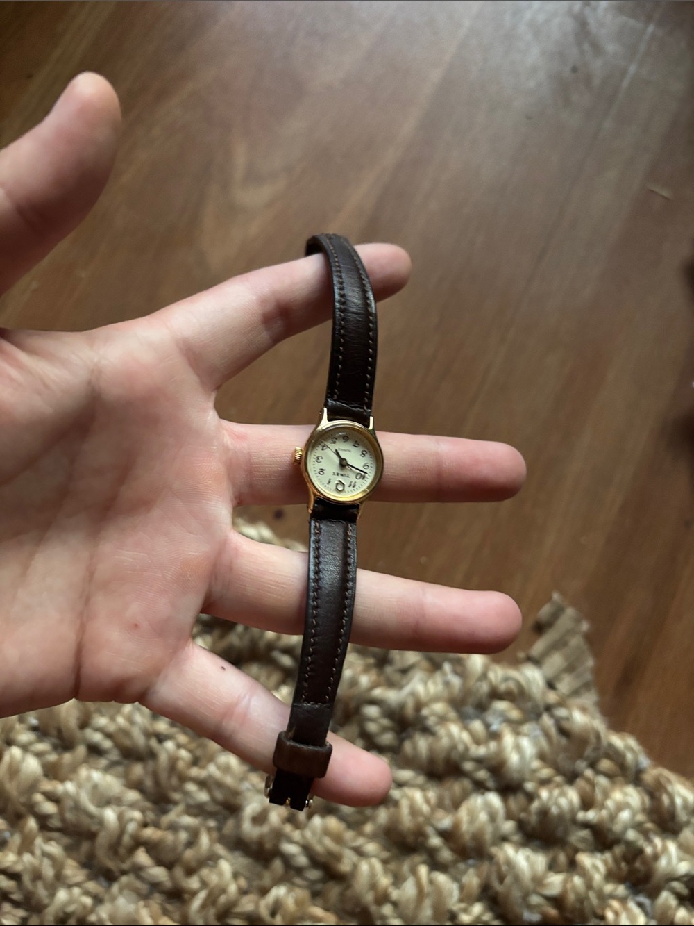 Vintage Working Timex Gold Tone Case with Brown Leather Strap No Backing